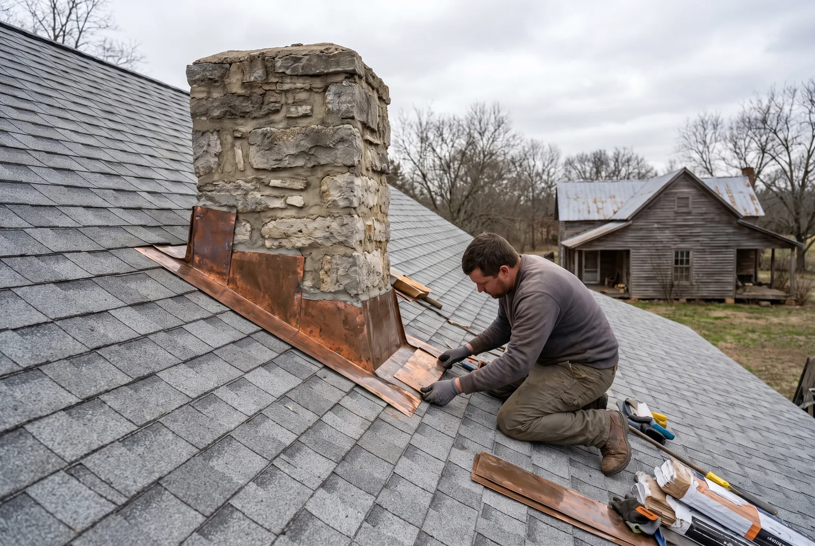 Roofer installing new step and counter-flashing around a native limestone chimney on an older Arkansas home