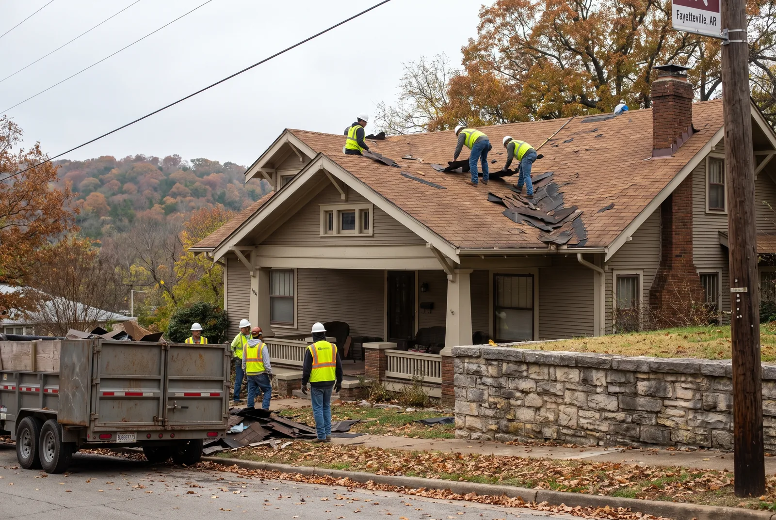 Roofing crew tearing old shingles off a 1920s craftsman bungalow in Fayetteville, Arkansas, wooded Ozark hills behind