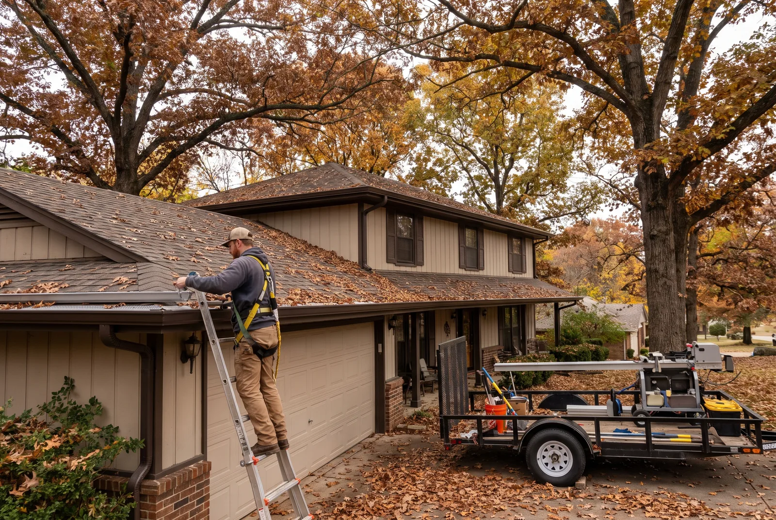 Technician installing seamless gutters with leaf guards under large oaks and hickories in Fayetteville