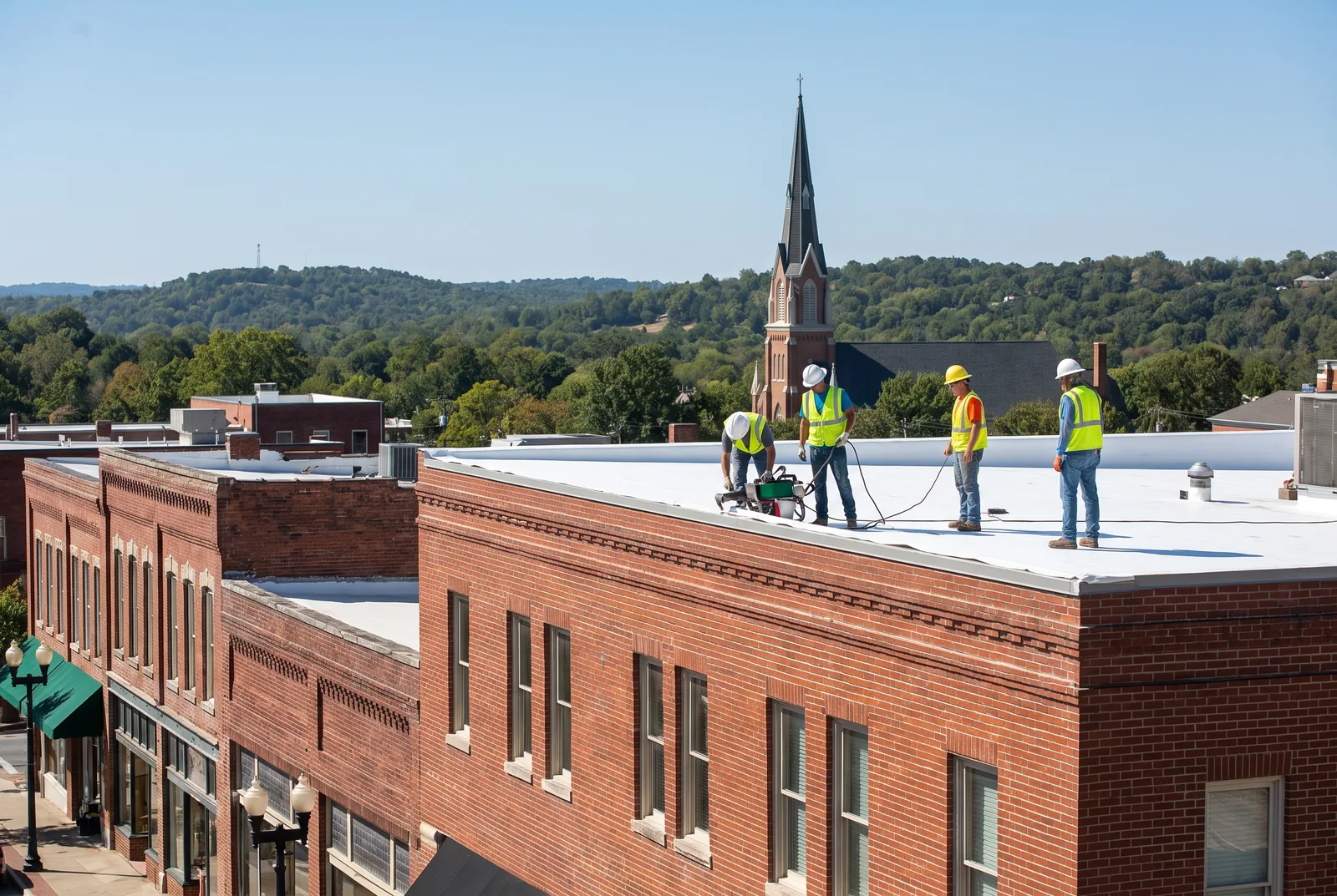 Crew heat-welding white TPO membrane on the flat roof of a two-story brick building in downtown Fayetteville